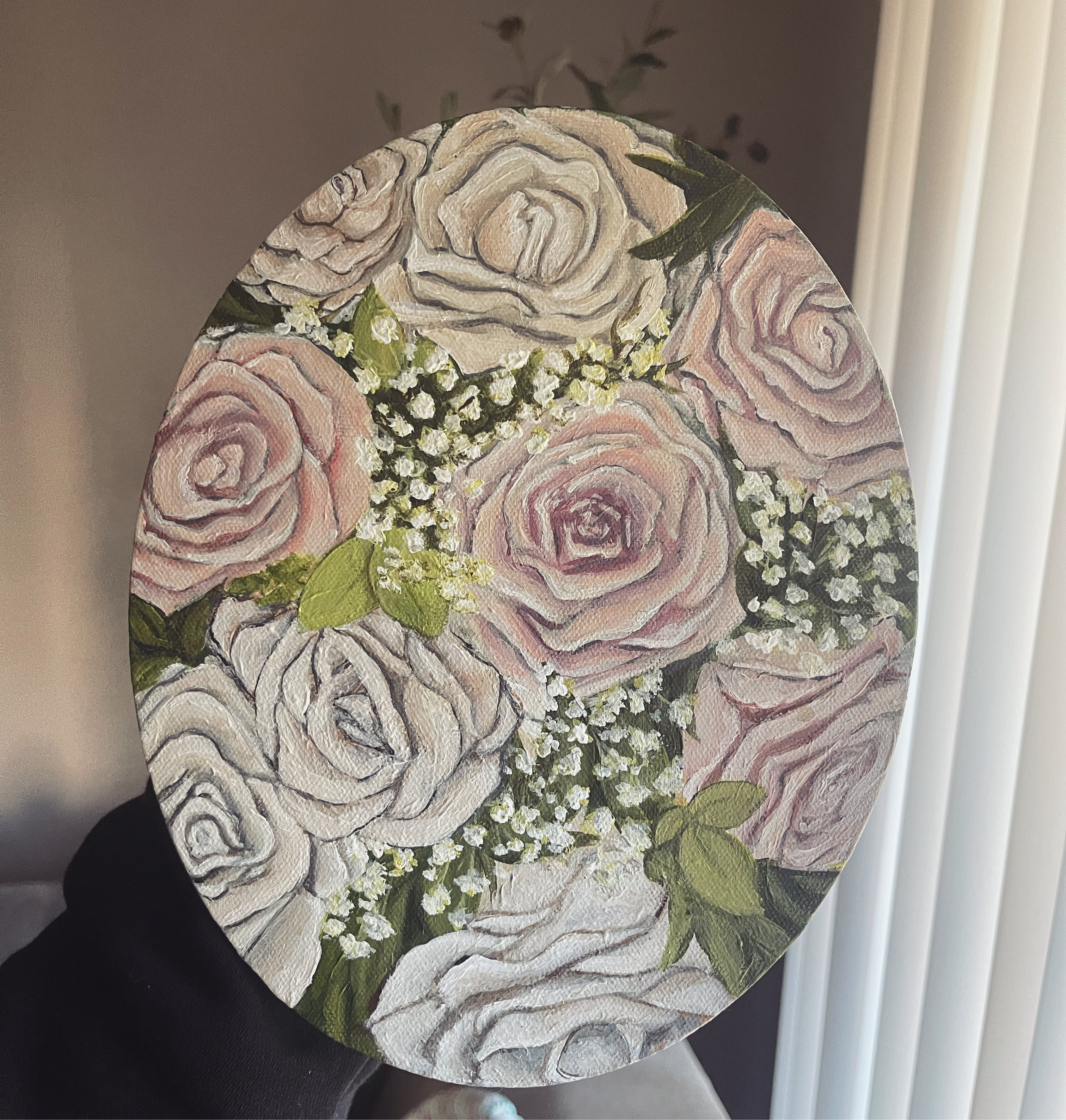 Live painting study of a bridal bouquet of roses and baby's breath