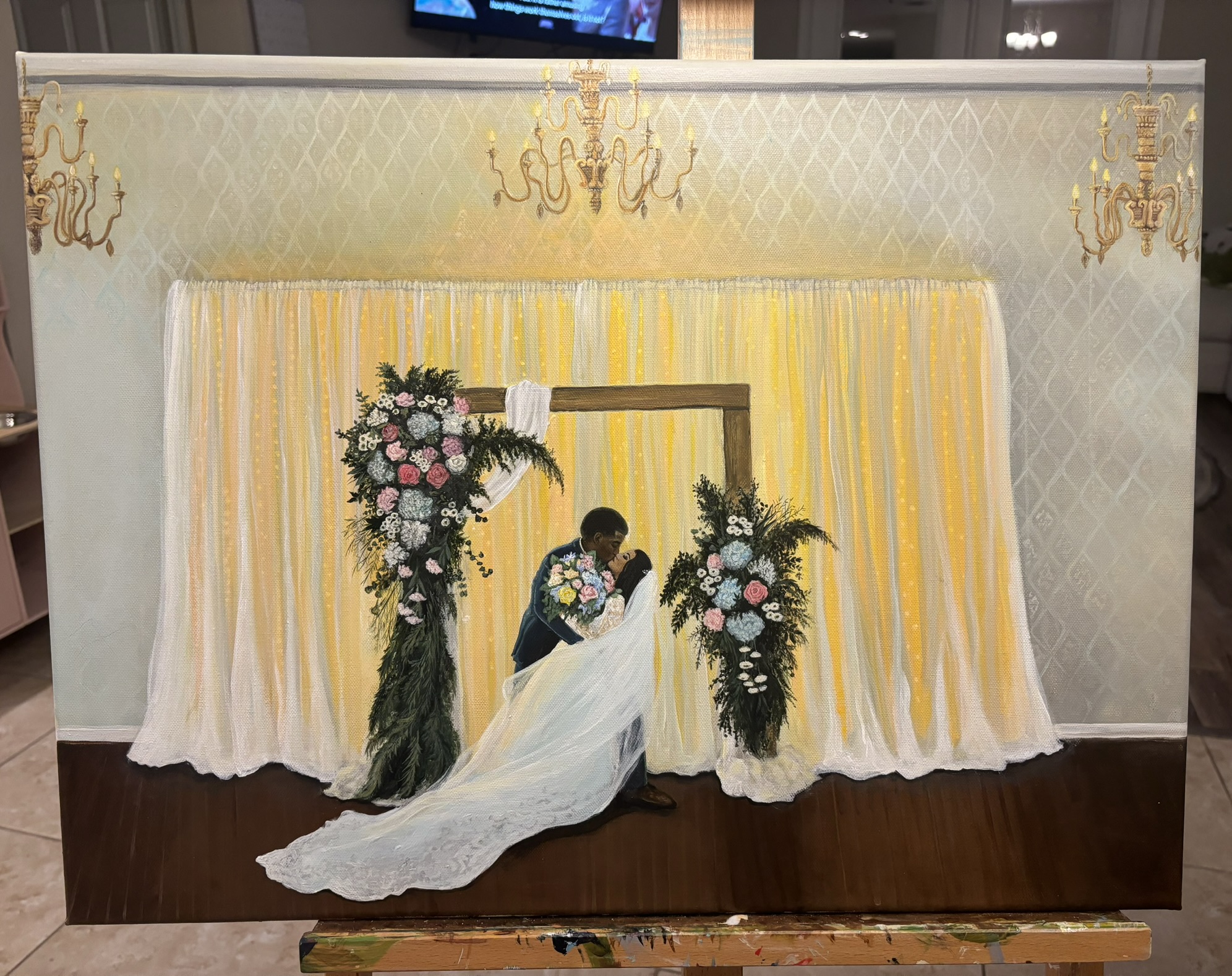 Live painting of an indoor ceremony under chandeliers and draped curtains