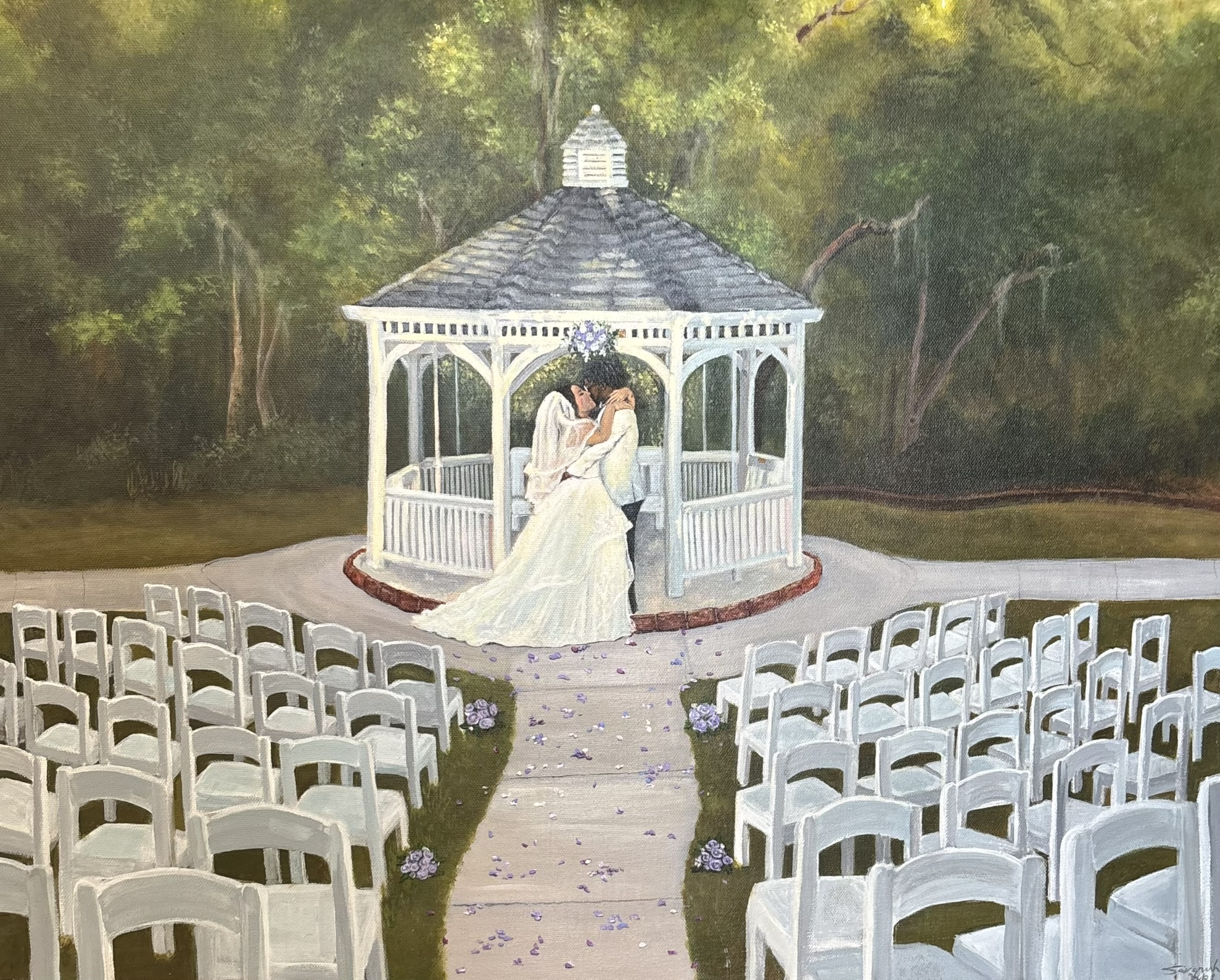 Live painting of a couple kissing in a white garden gazebo surrounded by guest seating