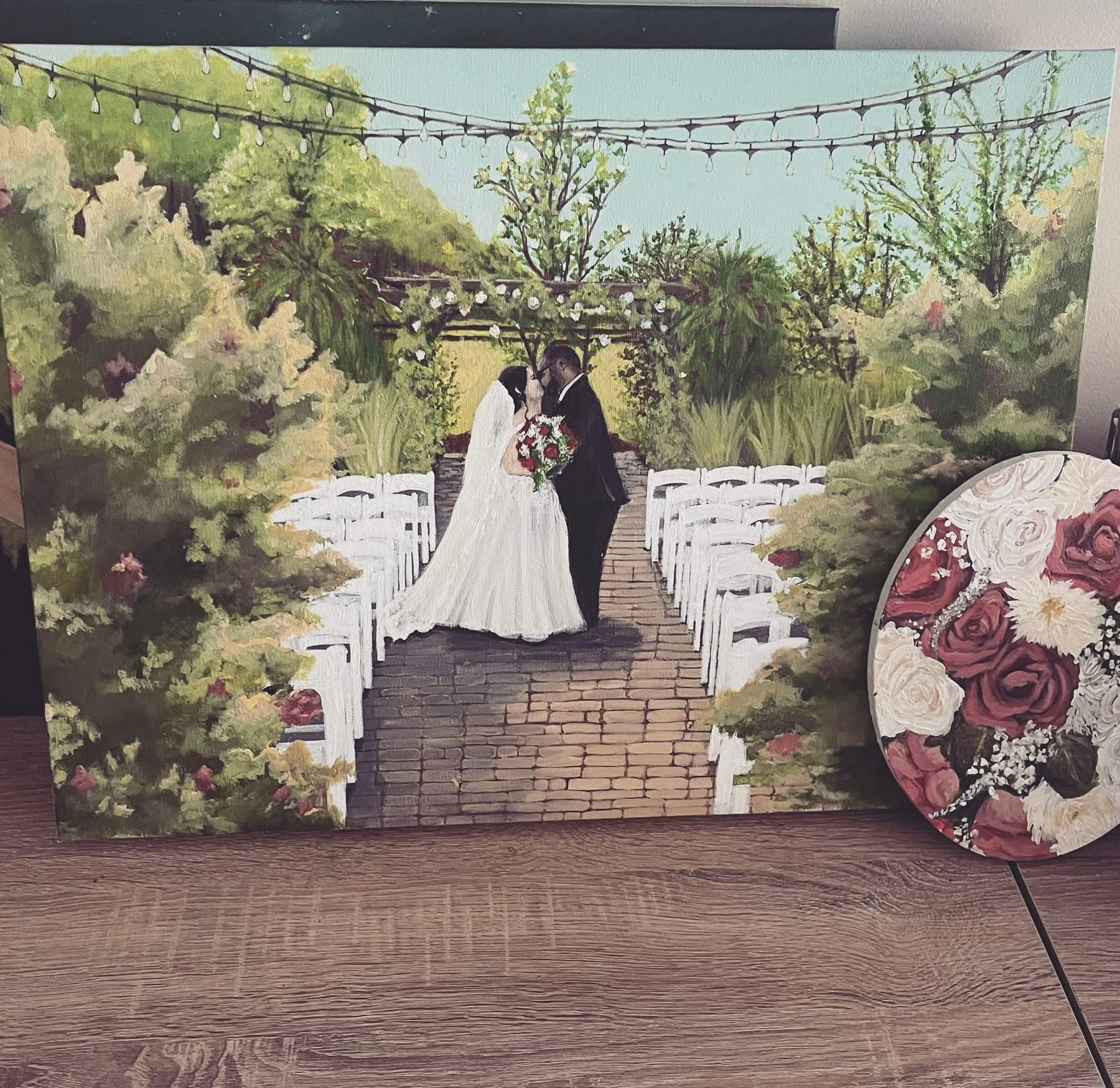 Detail of a live wedding painting with bouquet study