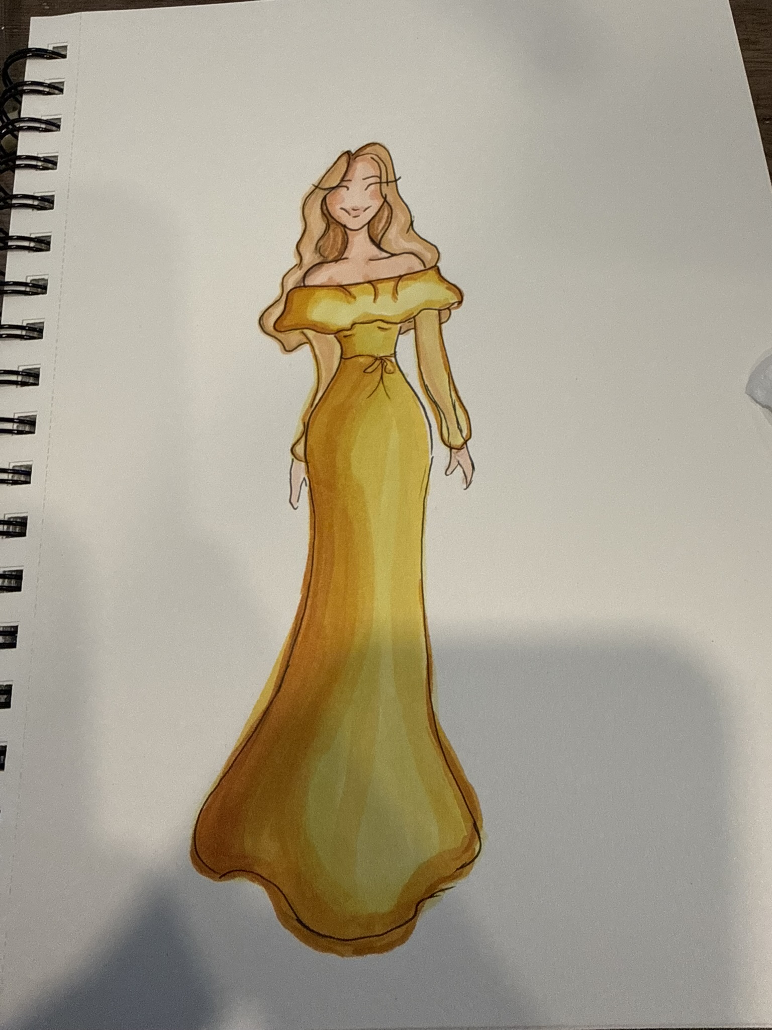 Live guest portrait illustration of a woman in a gold gown